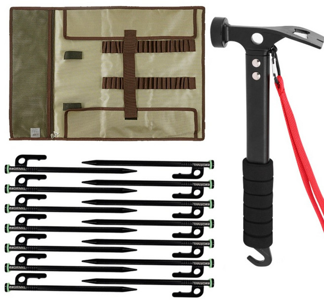 자캠 고강도 20cm 캠핑 단조팩 14개 세트 보호캡 야광링 롤팩가방 스틸해머, 1세트, 혼합색상