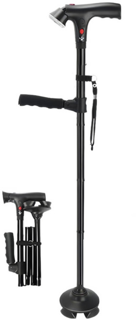 레아레아 어르신 지팡이 LED 플래시 라이트 비상 경보음 기립보조 지지대 초경량 접이식 길이조절 네발 고급형, 블랙, 1개