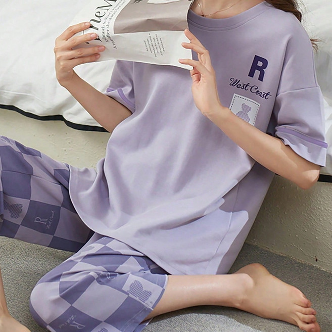 여성 라운드넥 곰돌이 체크 반팔 칠부바지 홈웨어 잠옷 세트