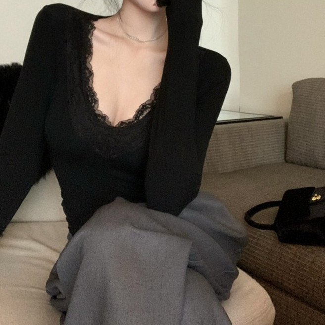 IBOY UGIRL XU0363C 여성 슬림핏 브이넥 레이스 기본 긴팔티