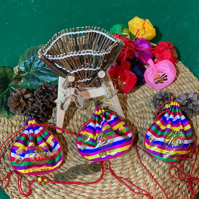 민속마당 복패키지 미니지게와 엽전꾸러미 복주머니 재물운 상승 국산싸리나무 전통 미니지게, 미니지게 + 엽전 10냥