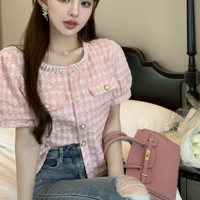 COSYEVNO 여름 여성 진주장식 라운드넥 체크 퍼프 반팔 블라우스 BCXpp-7