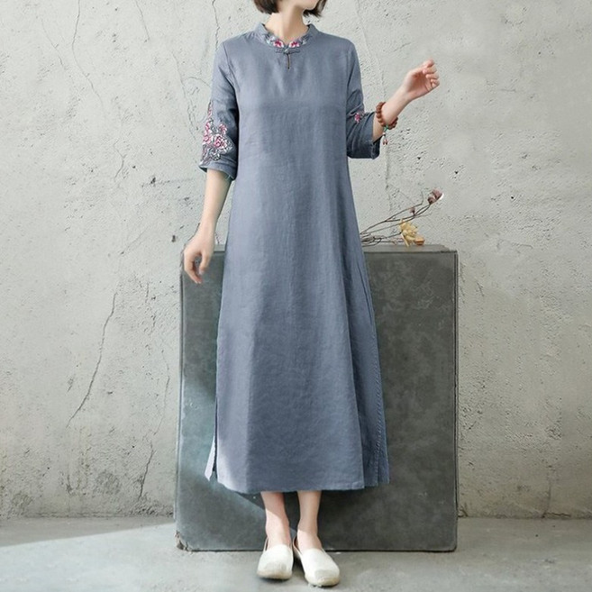 swygsqql 5부 소매 여성 린넨 원피스 자수 스탠드 칼라 개량한복 플라워 롱 원피스
