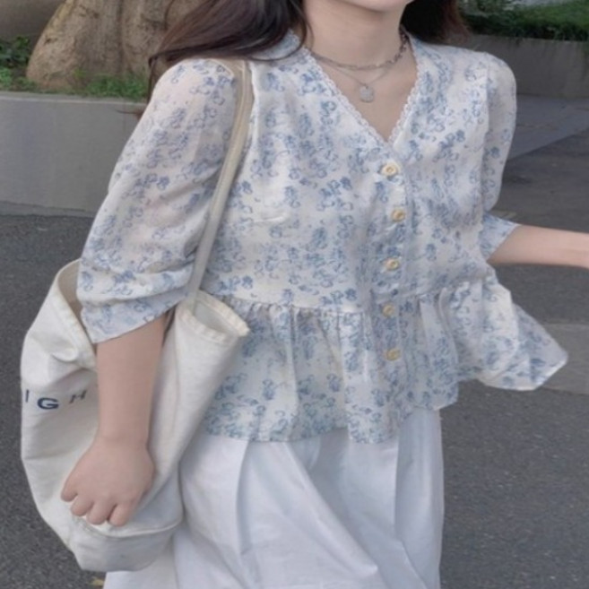 여성 여자 플라워 루즈핏 브이넥 블라우스 7부 봄부터 여름까지 빅사이즈 셔츠 상의