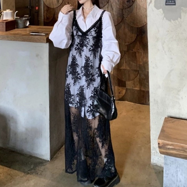 SELEAD 2025 여자 시스루 레이스 레이어드 밴딩 롱스커트