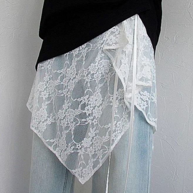 ROYALBELLE (1+1)2장묶음 여성 레이스 언발 시스루 망사 레이어드 치마 허리끈 포인트 스커트 D0050913