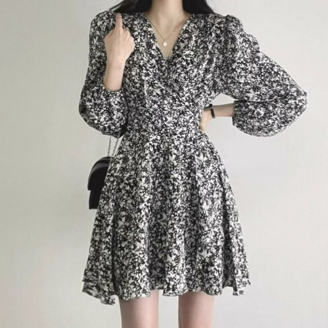 서진맘 여성 V넥 분위기 고급스러운 플라워 긴팔 미디원피스