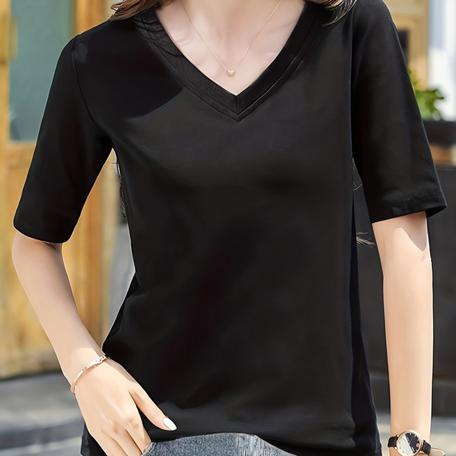 여름 5부 반팔 브이넥 루즈핏 캐주얼 티 상의