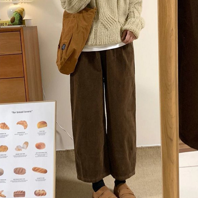 여성 골덴 팬츠 캐주얼 봄 가을 하이웨이스트 슬랙스 바지 루즈핏 와이드 팬츠 기질 슬랙스 9부 코듀로이 바지 ZZL