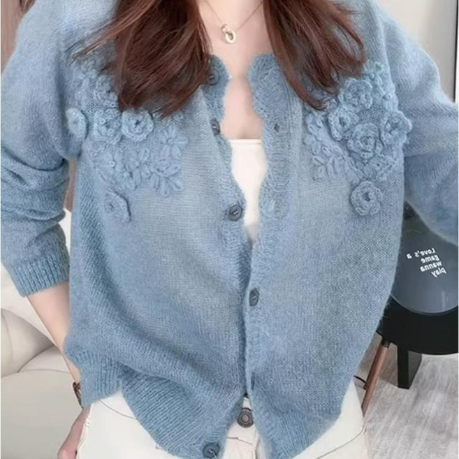 퀸앤조이여성 가을겨울 울혼방 엘라누 플라워 입체 자수 얇은 니트 가디건 빅사이즈 데일리 캐주얼