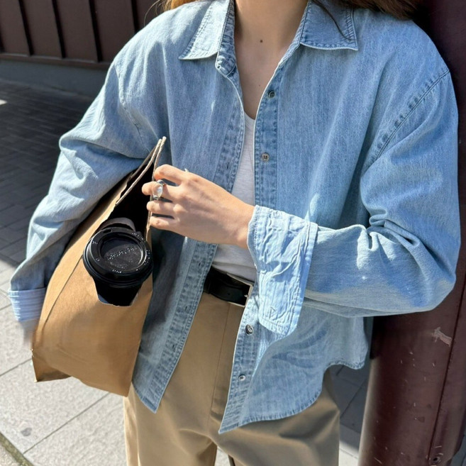 DANGZ 여성 긴팔데님셔츠 심플 패션 커프스 스트라이프