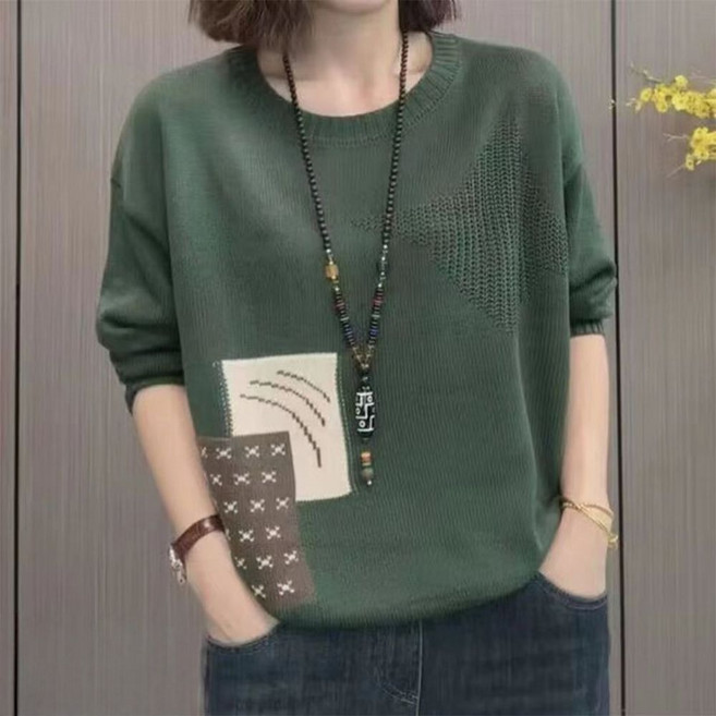 UN 중년여성 라운드넥 얇은 니트티 봄가을 스웨터 루즈핏 이너 티셔츠 봄 가을 상의 엄마룩 40대50대