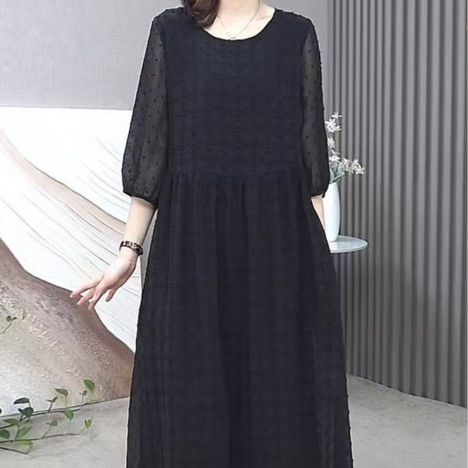 중년 여성 롱 원피스 여성 봄 가을 긴 원피스 7부 소매 무릎 아래 엄마 드레스 JXH