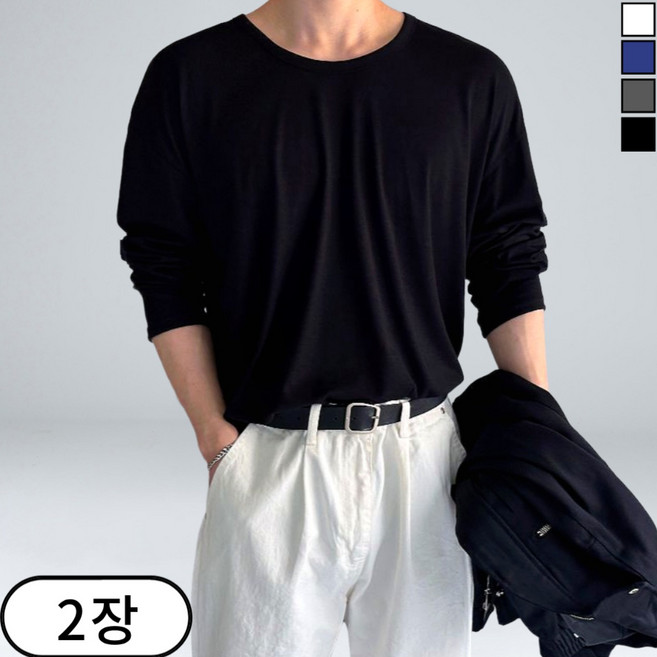 1+1 남성용 오버핏 U넥 실켓 긴팔 티셔츠 (6130-2)