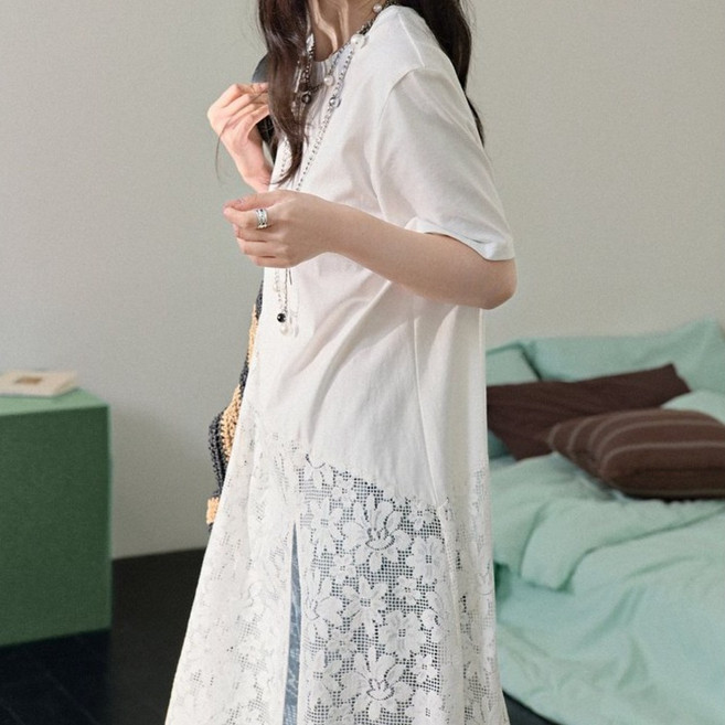 COSYEVNO 여성 롱 반팔 티셔츠 레이스 패치 옆트임 패션 여름 티 상의