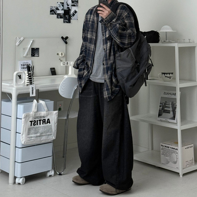 르위 데일리 간절기 루즈핏 긴팔 체크 셔츠