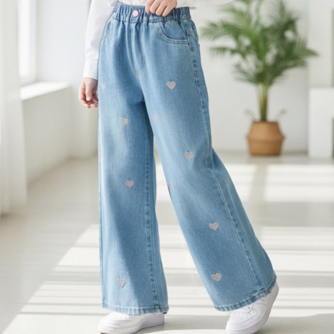 달콩슈 주니어용 세미 와이드 청바지 자수 하트 밴딩 데님 여아 중등 고등 DKW201