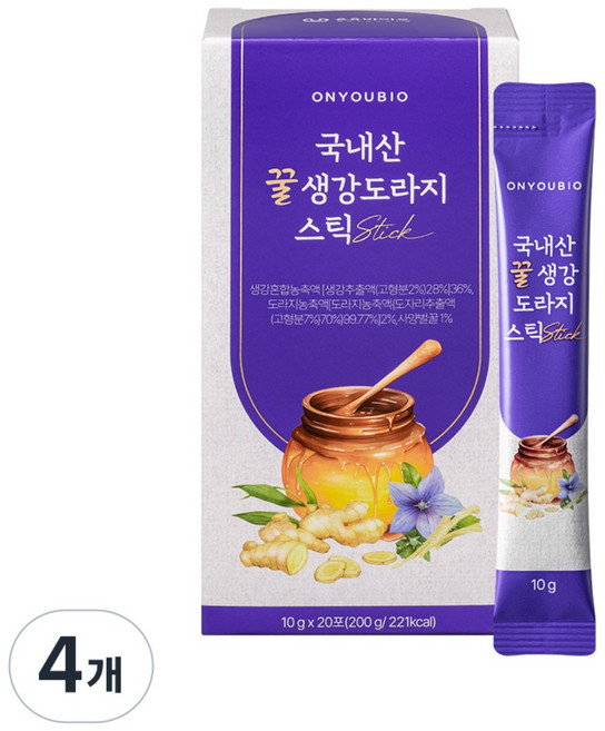 [온유바이오] 우리땅에서 자란 귀한 국내산 꿀생강 도라지 스틱 20포 1BOX, 4개, 20회분