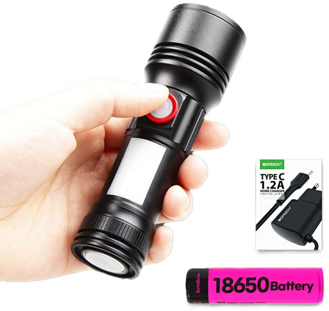 12cm 미니 20000루멘 충전식 LED 손전등 후레쉬 랜턴, 블랙, 1개