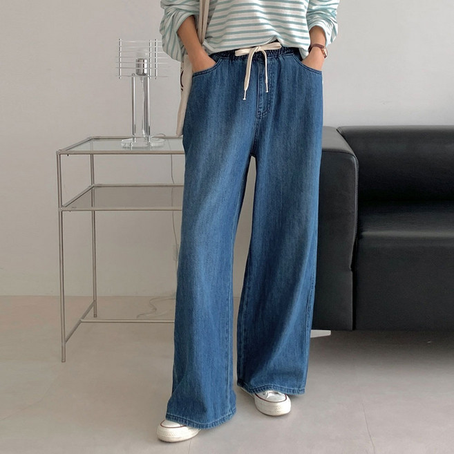 페이버릭 여성용 밴딩 와이드 청바지 루즈핏