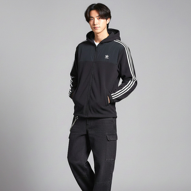 아디다스 플리스 후드 집업 블랙 삼선 후리스 점퍼 방한 테디 후디 자켓