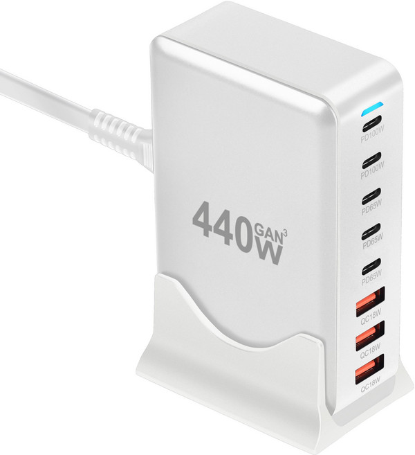 Geeah 초고속 충전기 440W GaN 5C 3A 접지형 8포트 PD3.0 PPS 고속충전기, 1개, 하얀색