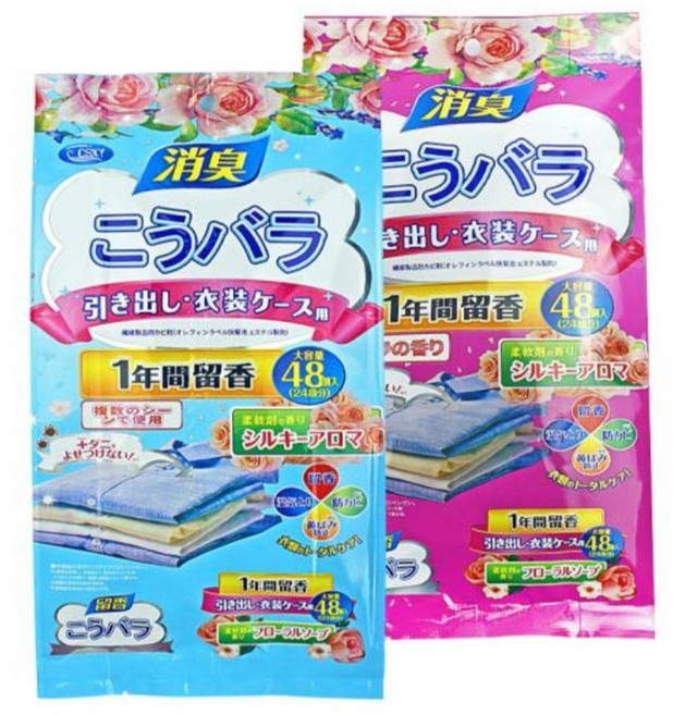 (새제품)1+1일본 좀벌레퇴치제 곰팡이탈취제 천연 꽃향기 옷장방향제 냄새 탈취 좀약 옷장용 서랍장용 신발장용 향기남김/방습/곰팡이 방지, 장미꽃향+블루 풍경향48p+48p