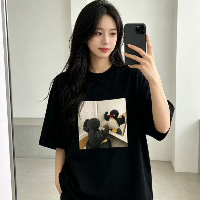 핑구 거울 프린트 루즈핏 오버핏 빅사이즈 반팔티셔츠 100% 면 통기성 썸머 라운드넥 여성티셔츠