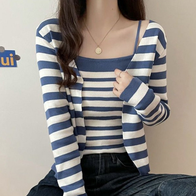 Vezri 여성용 스트라이프 나시+ 가디건 니트 투피스 세트