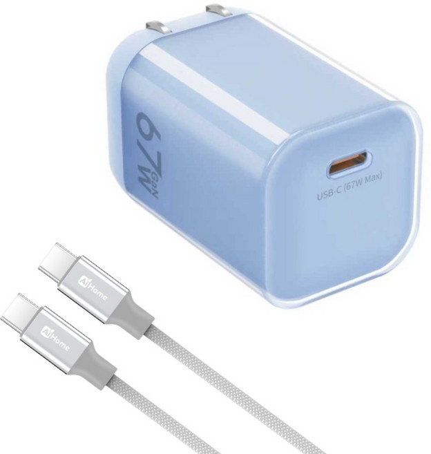 AiHome 67W GaN 氮化鎵迷你充電器 Type-C 智慧電源供應器 PD-67-1C, 67W氮化鎵-藍色快充頭+1米快充線C轉C, 1個
