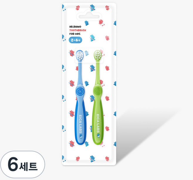 BPA FREE 에이카랩스 어린이 유아 코뿔소 칫솔 2종 만2세 이상 초등학교 저학년 유치원 어린이집, A타입(파랑+연두), 6세트, 2개입