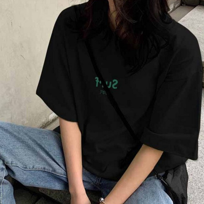 韓國街頭潮流寬鬆女生短袖中長款落肩T恤 大碼遮臀