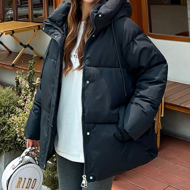 ZAJA 여성 겨울 심플 오버핏 하이넥 후드 하프 패딩