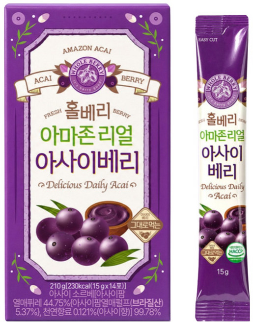 홀베리 아마존리얼 아사이베리 15g 유기농 아사이베리 퓨레 삼바존 스틱, 210g, 6개