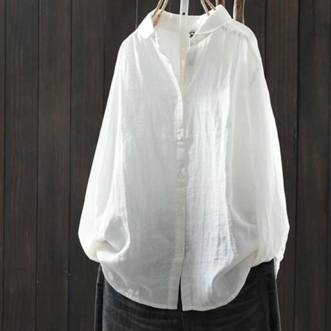 (완전 편한) 85kg까지 여성 순면 카라 루즈핏 솔리드 사계절 긴팔 블라우스 남방 빅사이즈 추천 오버핏 긴소매 흰색 그레이 빈티지 부드러운 가디건 무지 모던 여성용 캐주얼 셔츠