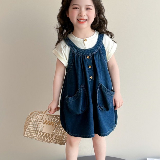 밀크봉봉 여아 어린이 여름 반팔+멜빵 스커트 상하복 세트