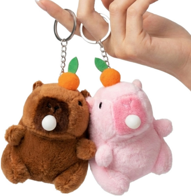 1+1 풍선부는 카피바라 인형 키링 11cm 소리나는 귀여운 가방 열쇠고리, 핑크+브라운, 2개
