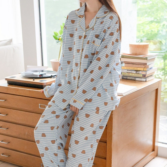 여성 부드럽고 귀여운 파자마 긴팔 잠옷 세트