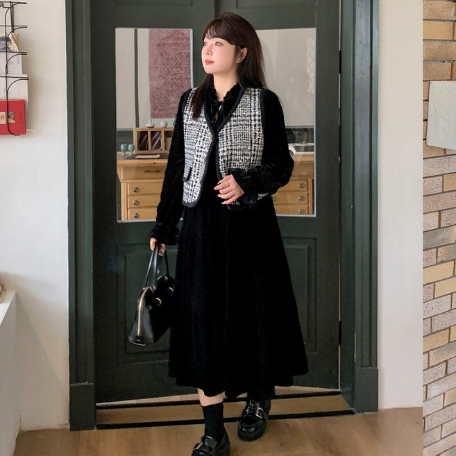 빅사이즈 여성용 반짝이 조끼 + 롱 드레스 투피스 세트 통통한 소녀 뚱뚱한 mm 드레스