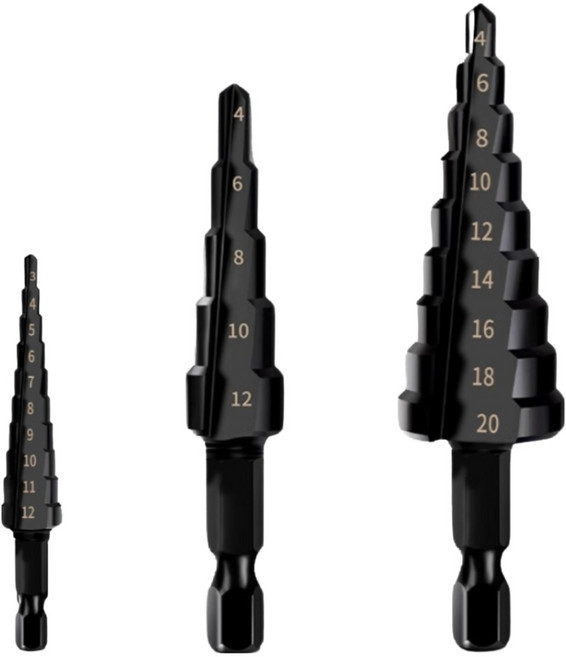 tinduo SUS용 티타늄 코팅 임팩 스텝드릴 철판구멍뚫는 육각핸들 비트 4-12 3-12 4-20 3개입 세트, 1세트