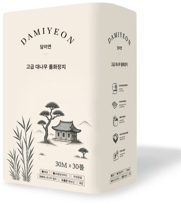 담이연 먼지없는 친환경 대나무 화장지 천연펄프 무형광 휴지 3겹 30m 30롤 1팩, 1개