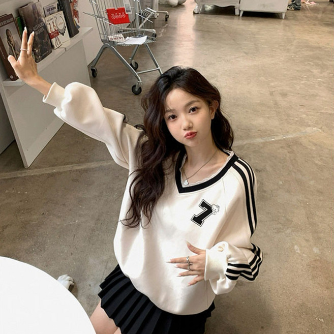 해피유통 루즈핏 캐주얼 브이넥 맨투맨 가을 레이스 긴팔 스트라이프 상의 mgy