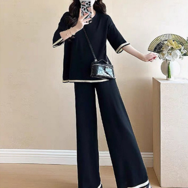 임산부 여름 세트 캐주얼 반팔 상의 하이웨이스트 와이드 바지 상하의 투피스 루즈핏 기질 임부 세트 CY