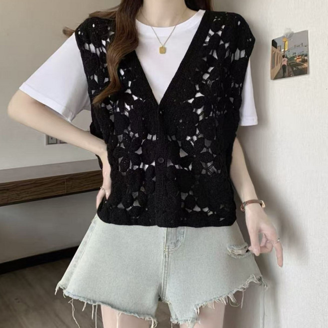 브이넥 꽈배기 레이어드 나카 펀칭 니트 조끼(끈 민소매 포함)