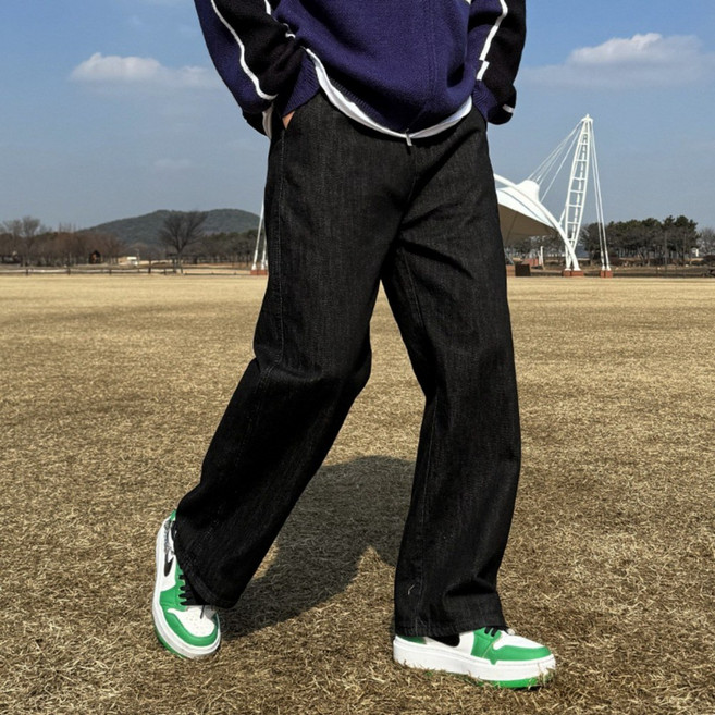 [당일발송] 1+1 데얀 남자 스판 밴딩 와이드 청바지 데님 블랙진