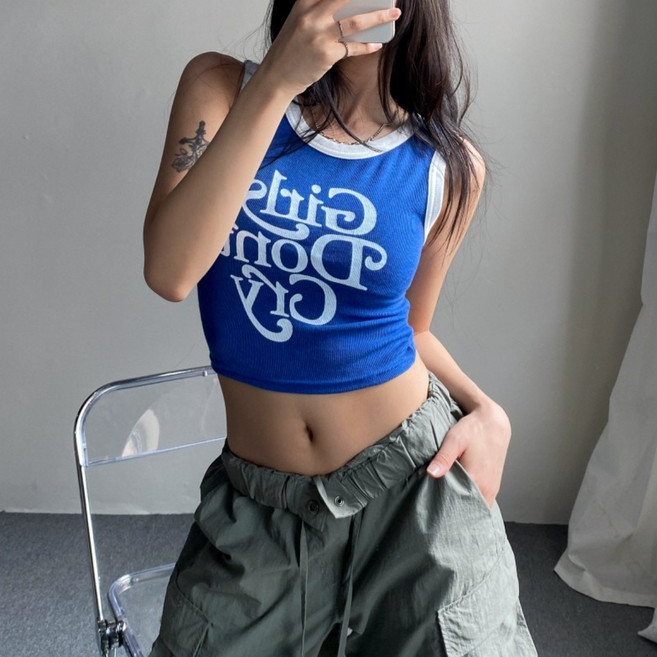 엑스핏 테리 랍빠 배색 크롭 나시