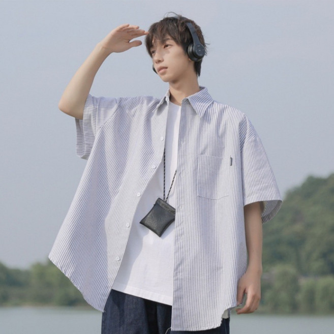 남성용 오버핏 줄무늬 셔츠 코트 링클프리 베이직 반팔 와이셔츠