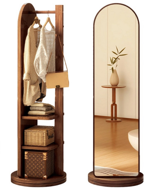SOPUM HOUSE 다용도 회전식 옷걸이행거 전신거울 수납선반 스탠드행거, 호두색