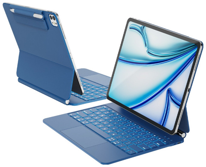 한국형 매직 키보드 아이패드 에어 13 (M3/M2) 아이패드 프로 12.9 (6/5/4/3세대) 11색 백라이트 키+트랙패드 방오염 가죽, 스틸 블루, 1개