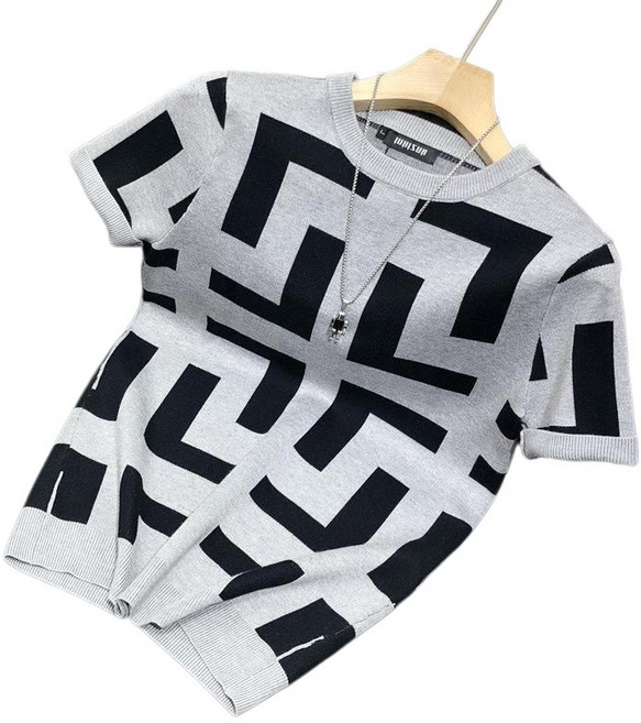 제이엠지아 남성 기하학패턴 슬림핏 캐주얼 반팔니트